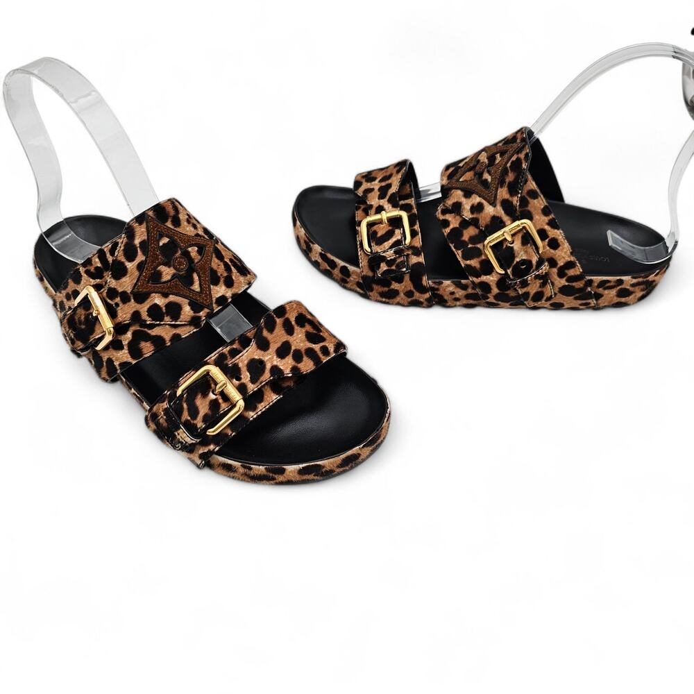 Louis Vuitton Bom Dia Flat Slide Sandal Monogram Leopard Gold Size 37 US 7 - Picture 3 of 15